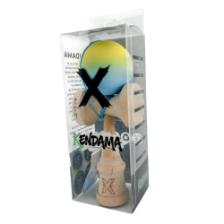 Kendama X Originala, Profesionala, Flippy, Big Cups V2, Rubber Grip cu Cupe Mari, Rulment Metalic cu Ata 55 cm, Galben/Albastru