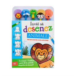 Invat sa desenez. Animale. Set de colorat si de activitati (5 creioane si 5 radiere)