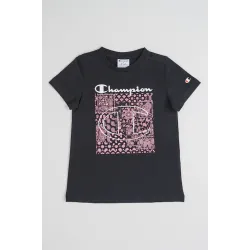 Champion, Tricou cu decolteu rotund si imprimeu floral, Negru, Roz, 126-131 CM
