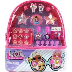 Rucsac set LOL Surprise, 1 surpriza, 9 luciuri de buze, 4 creme stralucitoare, 3 pudre stralucitoare, 2 lacuri de unghii, 2 agrafe, 2 elastice pentru par